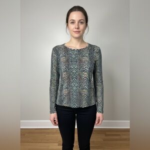 Jones New York Multicolor Chevron Long Sleeve Top 100% Cotton Size L Petite